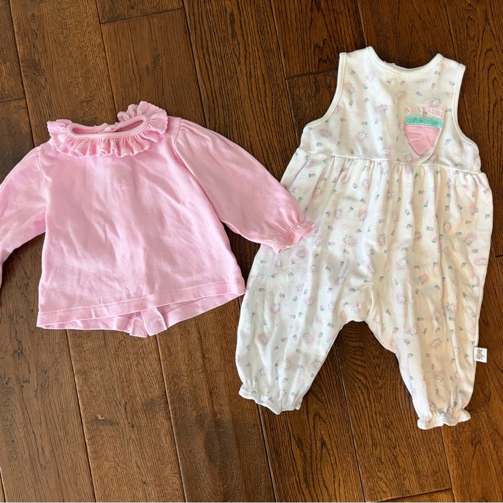 Baby Girls Vintage 90s Peter Rabbit Pink & White Ruffle Neck One-Piece Bodysuit - Picture 3 of 6